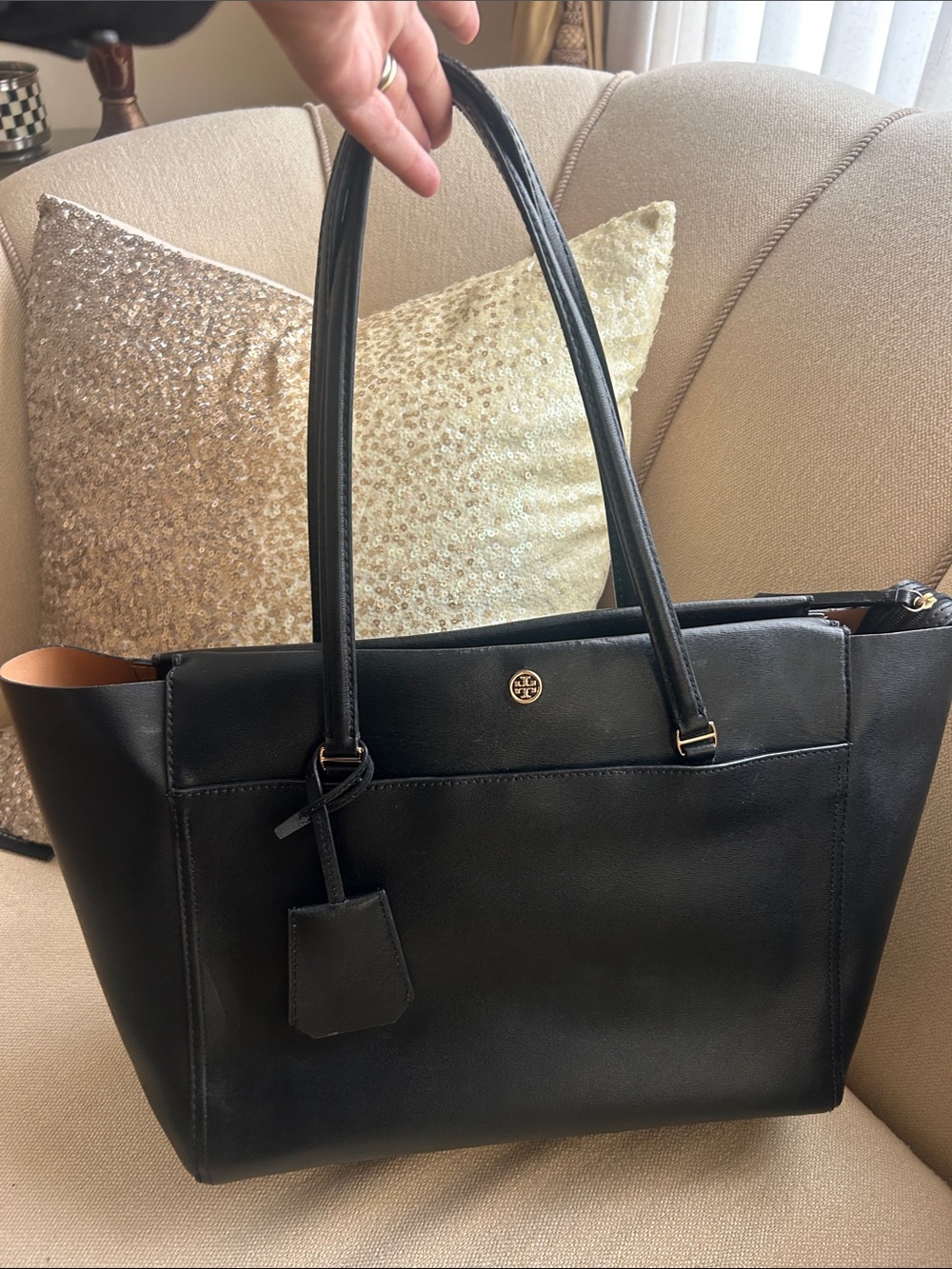 Tory Burch Black Leather Tote with Gold Logo Accent